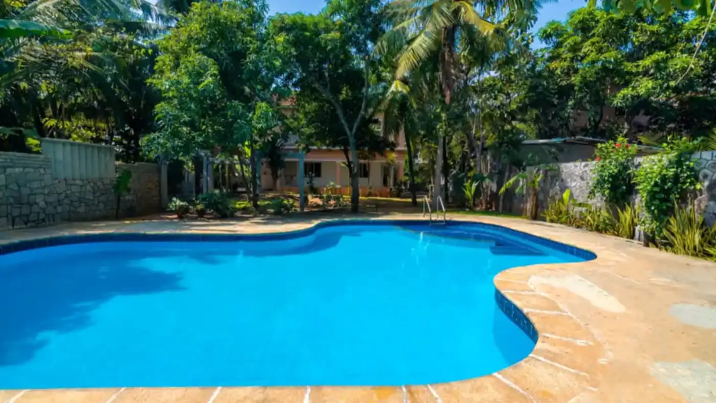 The big blue one. — A free-form pool at 3–5 ft, a kids' pool beside it, and a lawn that keeps going.